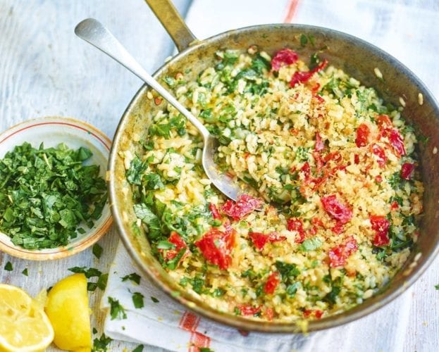 Herb and lemon risotto with parma ham crumbs