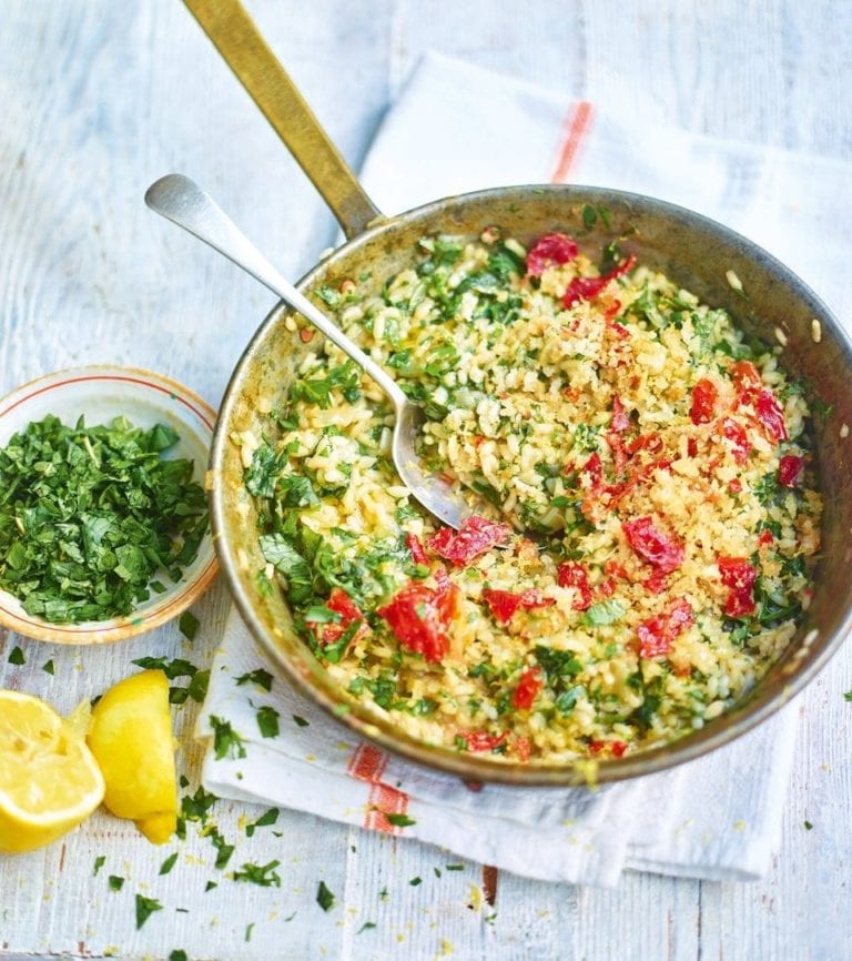 Herb and lemon risotto with parma ham crumbs