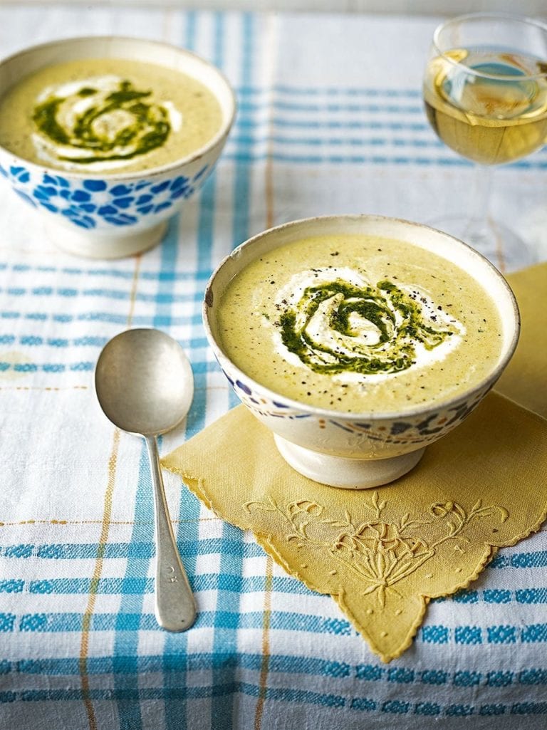 Chilled cucumber and almond soup with curry spices