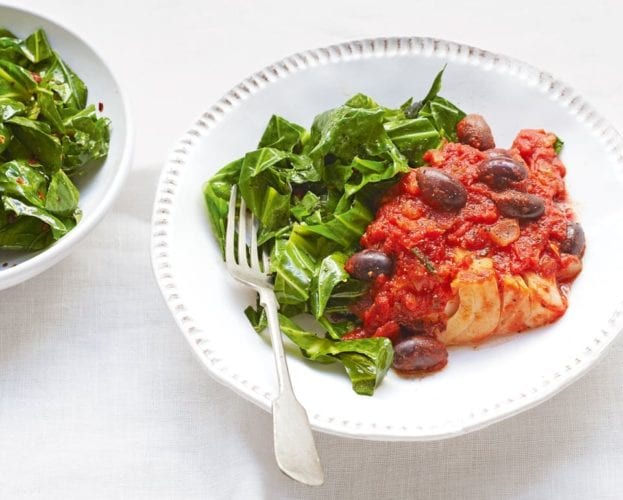 Pine nut cod with puttanesca sauce