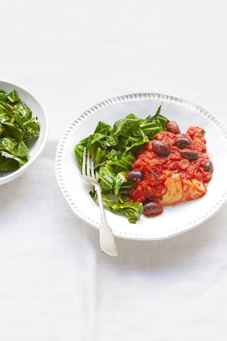 Tomato, olive and rosemary cod with stir-fried greens