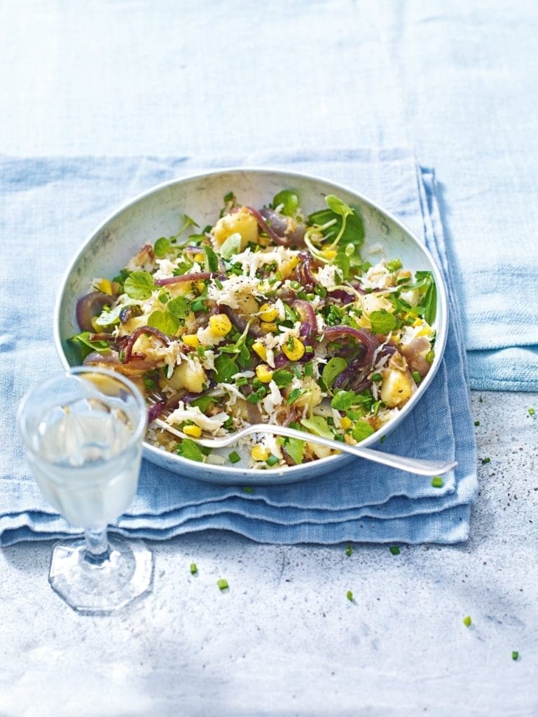 Crab and sweetcorn hash with watercress