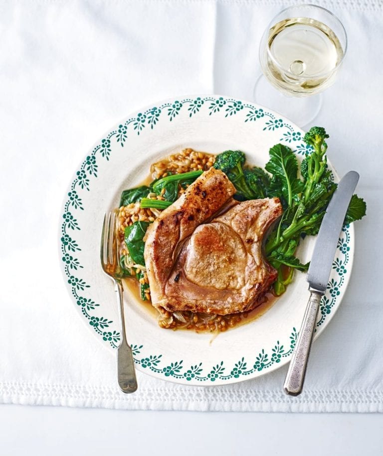 Pork chops with spelt, wild garlic and purple sprouting broccolli