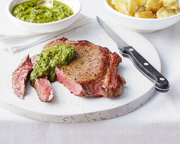 Chimichurri steak with smashed new potatoes