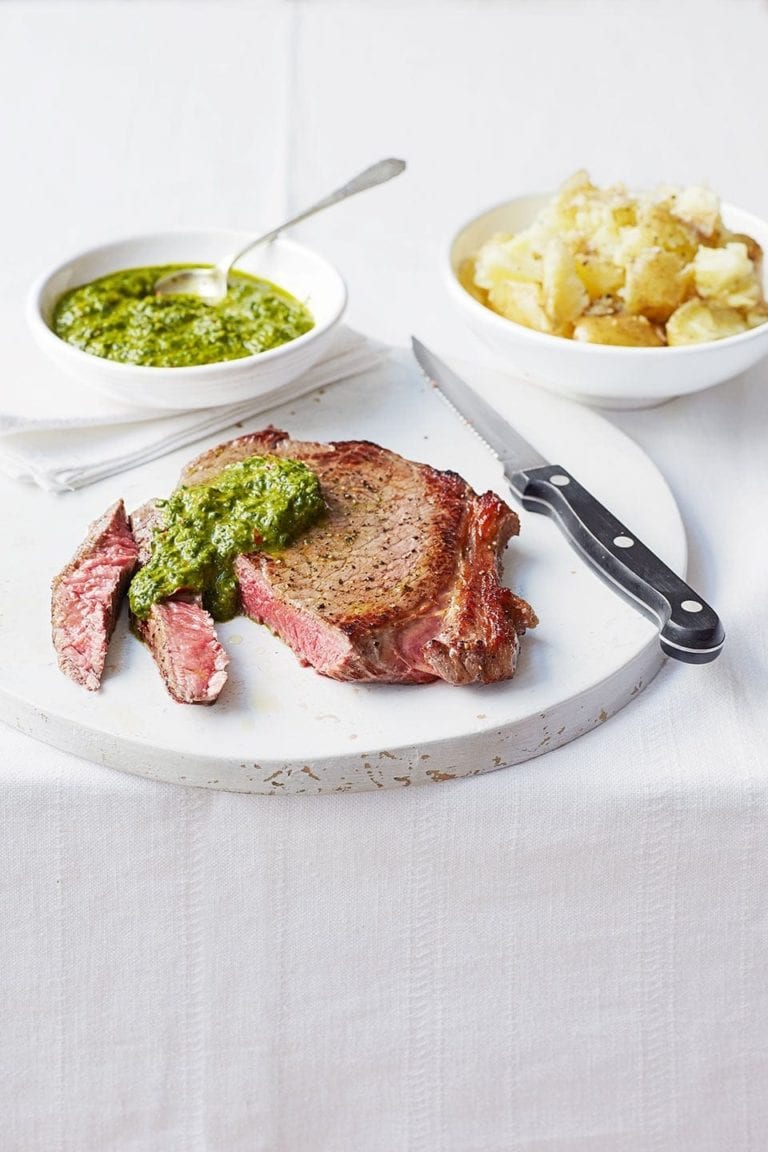 Chimichurri steak with smashed new potatoes