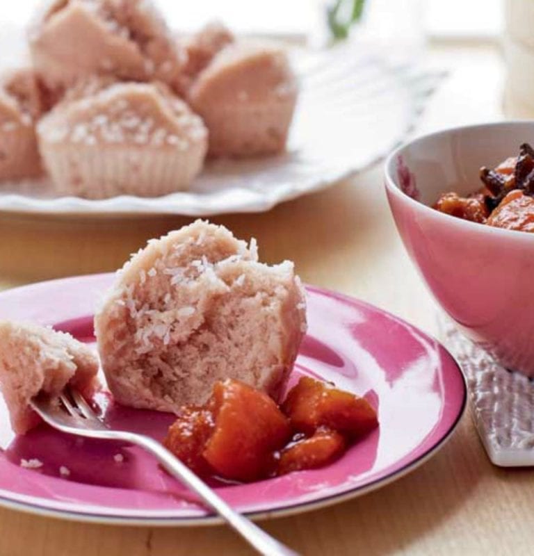 Steamed rice flour cakes (puto) with papaya compote