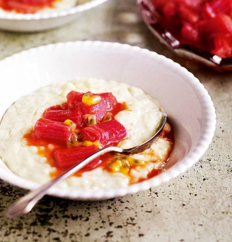 White chocolate rice pudding with rhubarb and passion fruit compote