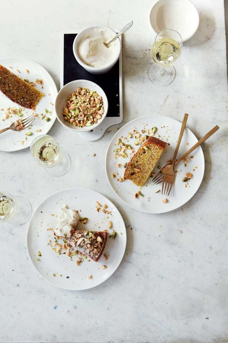 Toasted nut cake with wine syllabub