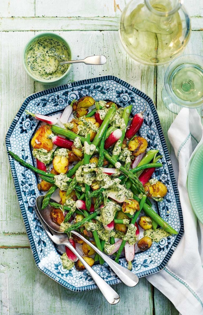 Asparagus, crispy potatoes and radishes with herb hollandaise