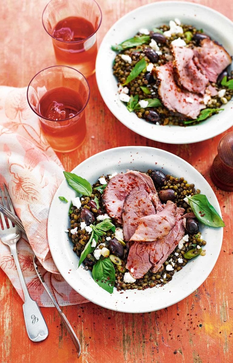 Thyme roast lamb with lentils, feta, olives and herbs