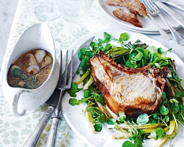 Pork rib chops with garlic and sage calvados sauce