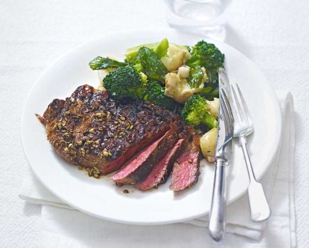 Cheat’s griddled steaks with caramelised onions and garlic mayo