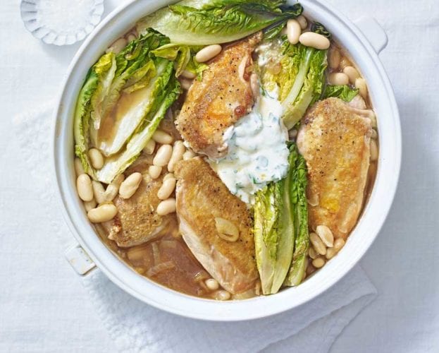 Chicken stew with braised little gem lettuce