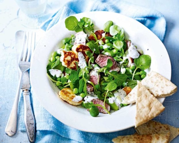 halloumi salad with peas and lamb's lettuce