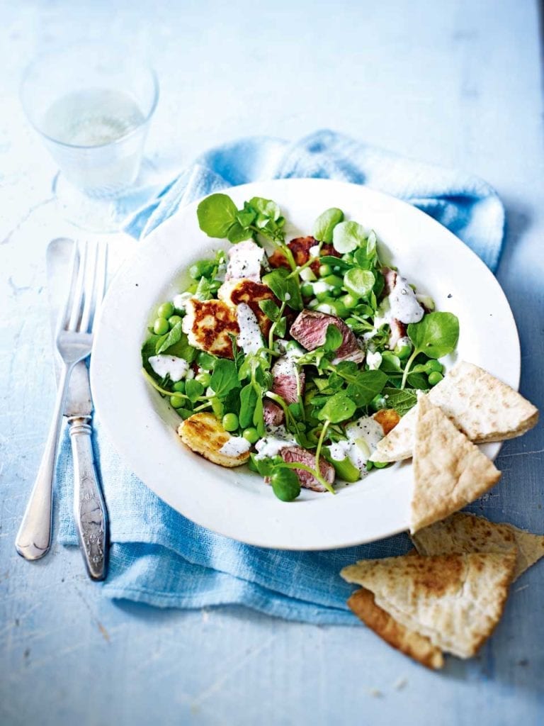 Lamb’s lettuce and halloumi salad with peas