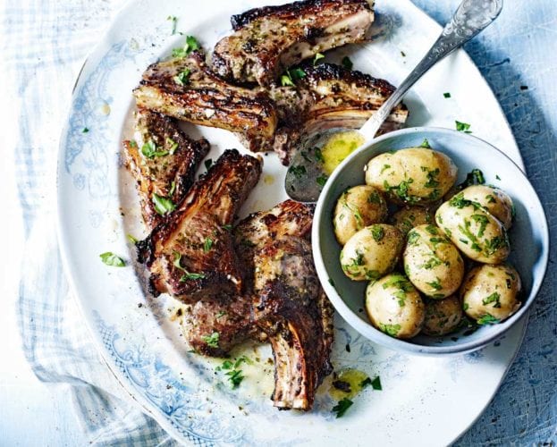 Coriander and pomegranate lamb cutlets with jersey royals