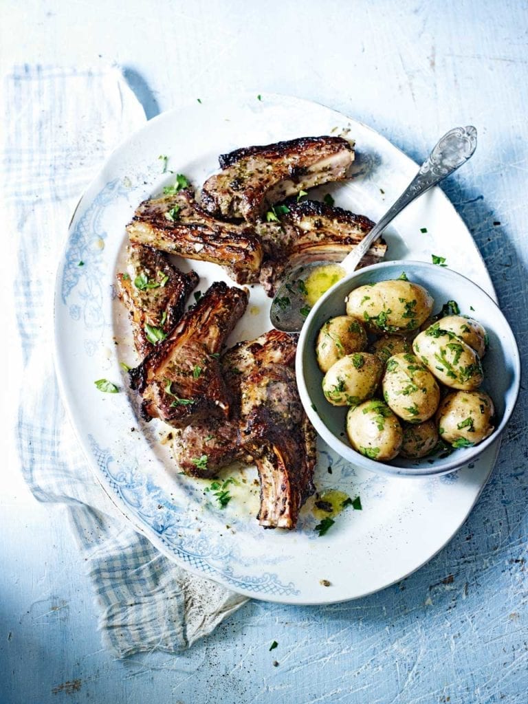 Coriander and pomegranate lamb cutlets with jersey royals