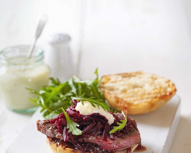 Steak sarnie with onions and blue cheese