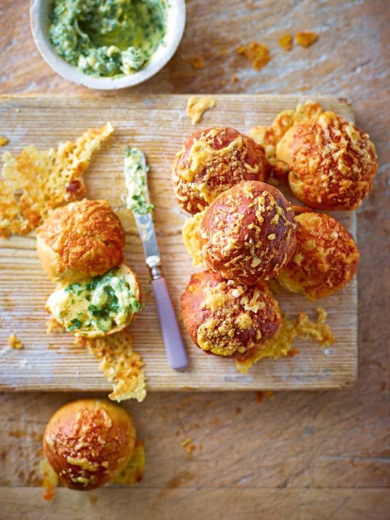 Cheesy rolls with garlic and herb butter
