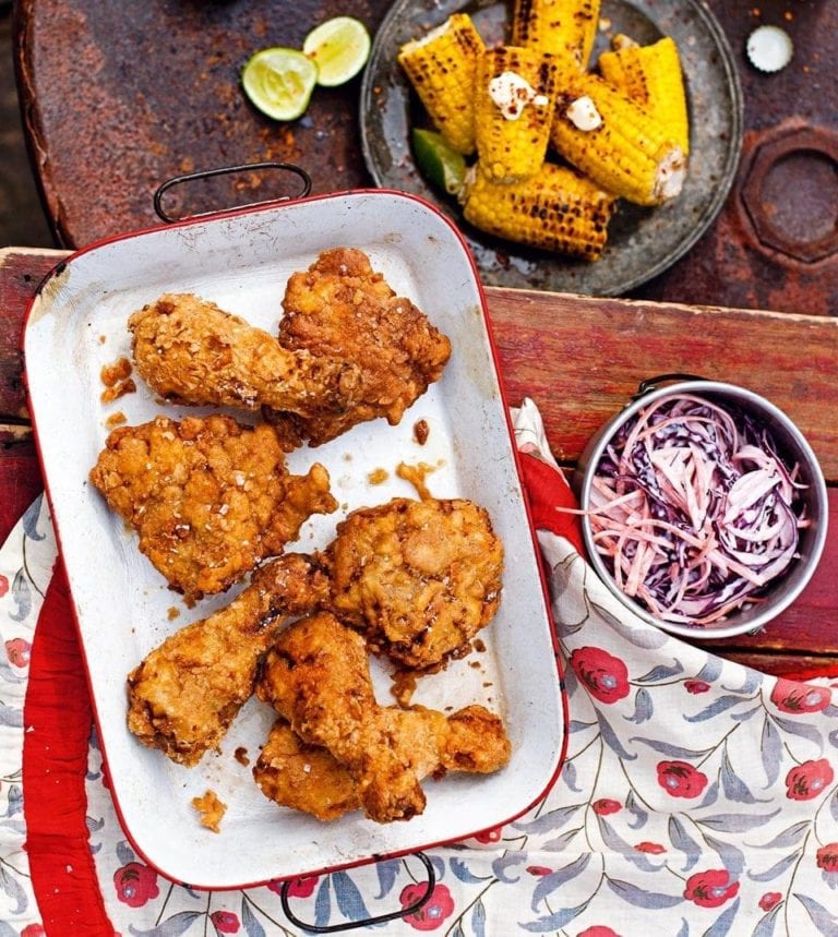 Southern-fried chicken with lime and chilli corn