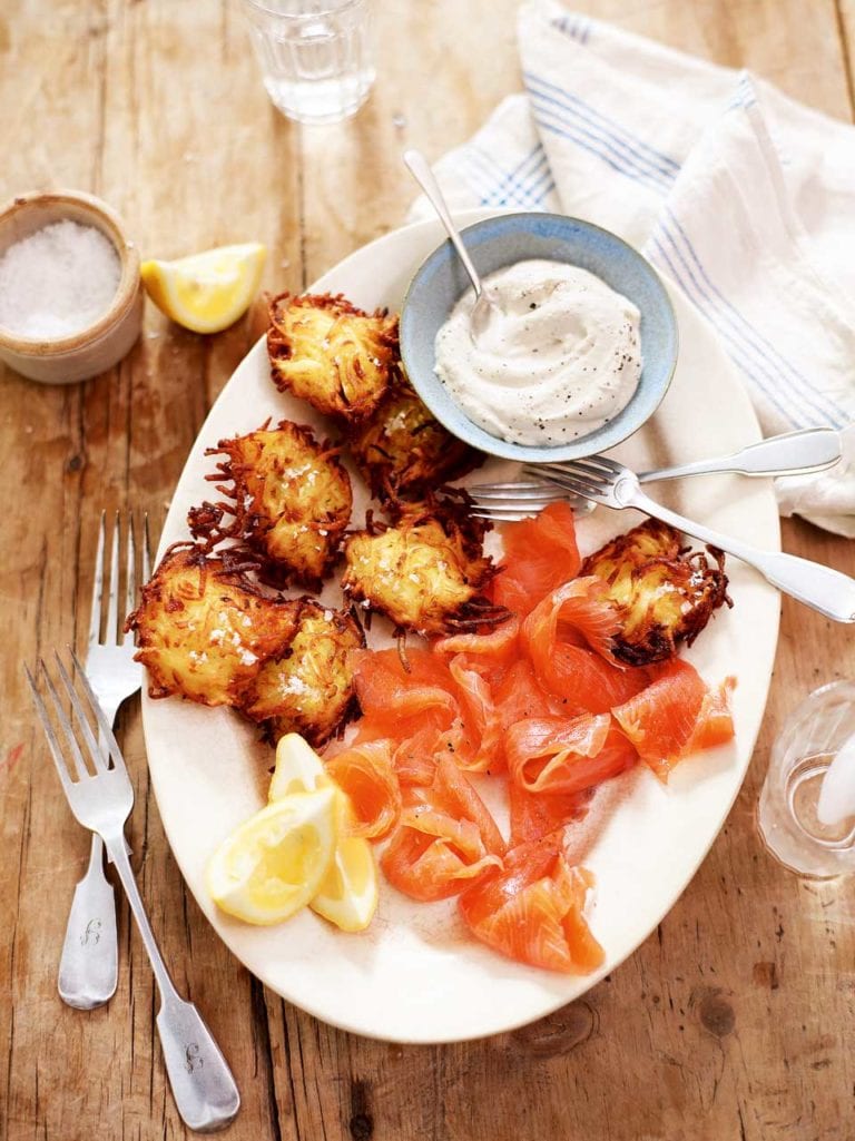 Potato latkes with smoked salmon and horseradish crème fraîche