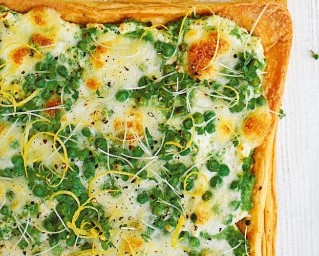 Pea, mozzarella and lemon tart