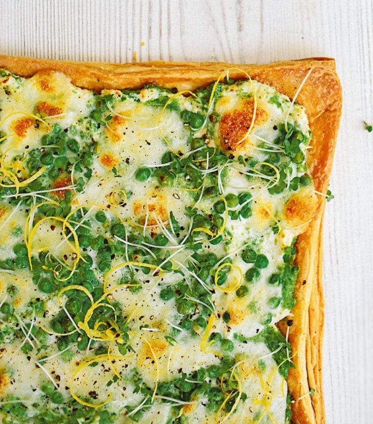 Pea, mozzarella and lemon tart