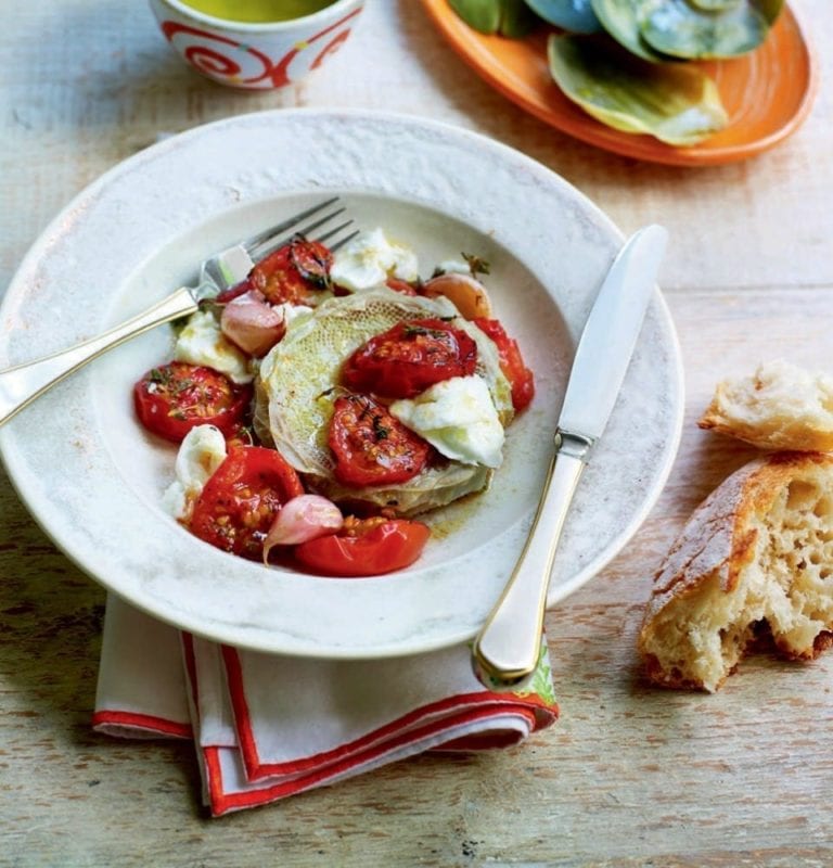 Artichoke hearts with roasted tomatoes and mozzarella