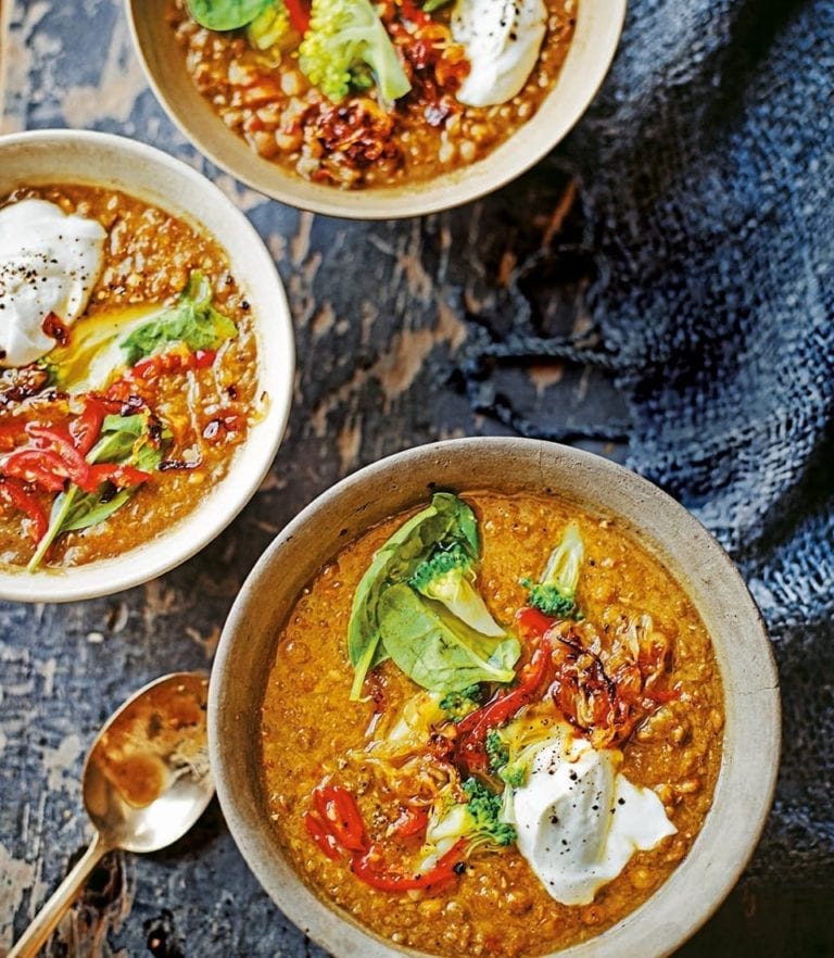 Spiced vegetable soup with lentils and roasted chilli