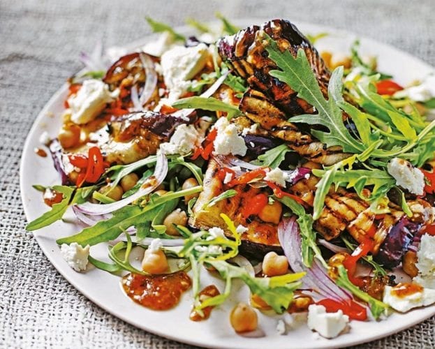 Barley, aubergine and pomegranate salad