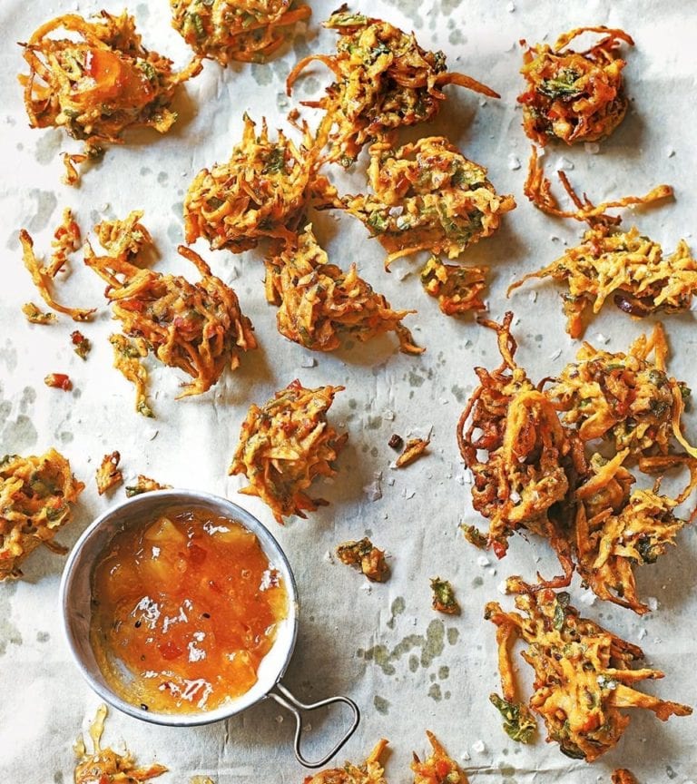 Carrot, onion and spinach bhajis