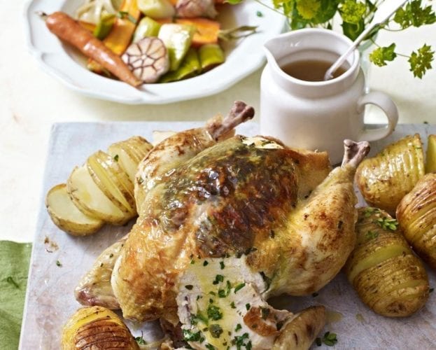 Garlic and herb buttered chicken with braised lettuce