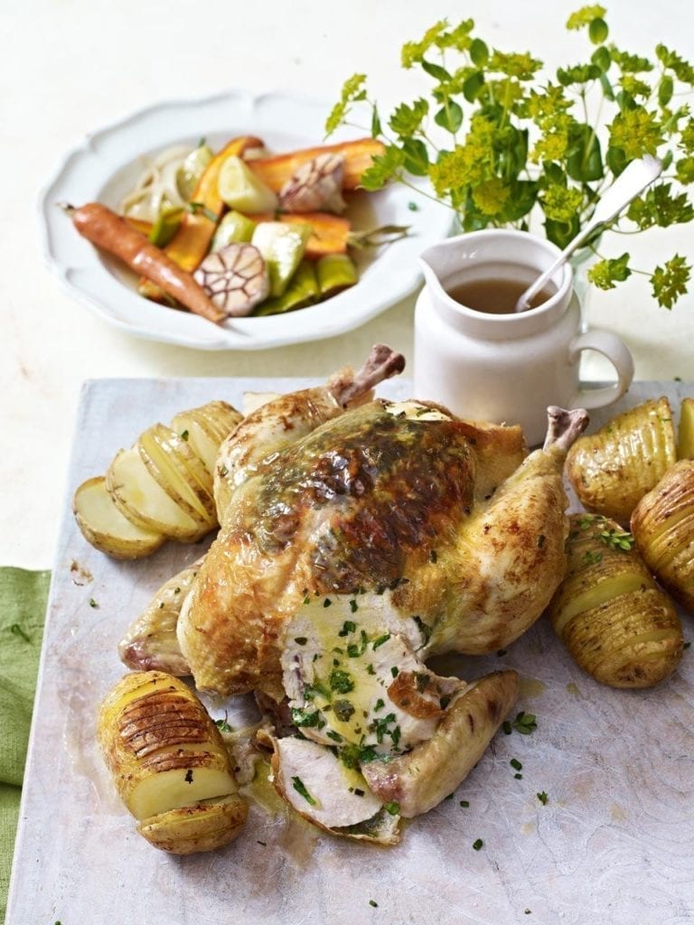 Roast chicken with spring vegetables