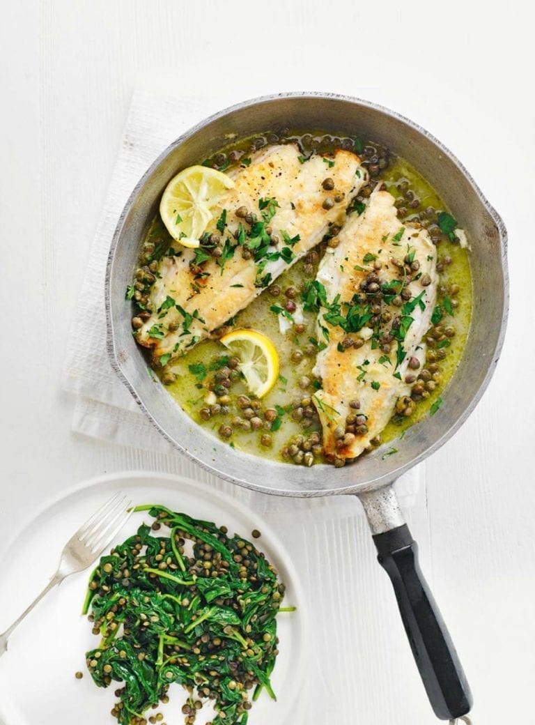Pan-fried lemon sole with caper sauce and lentils