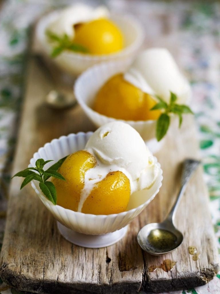 Lemon verbena ice cream with poached peaches