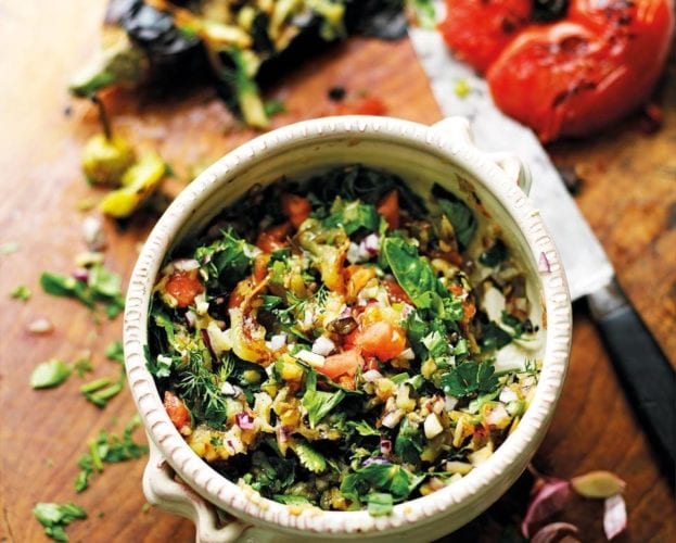 Barbecued vegetables with tahini dressing