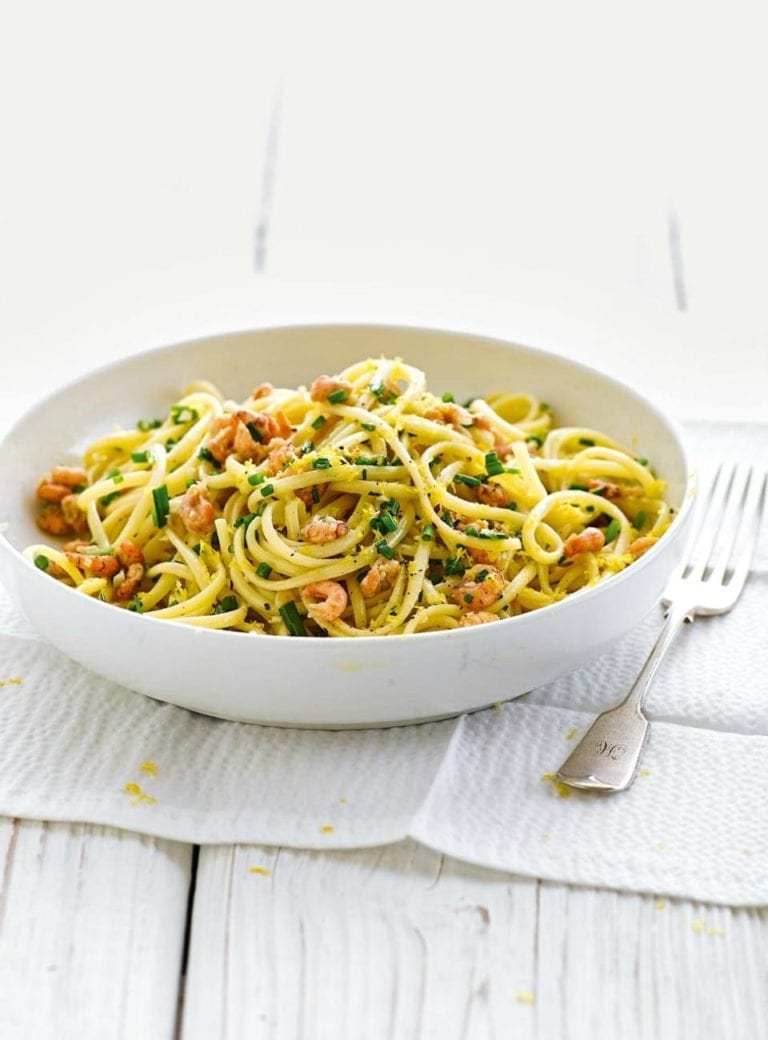 Brown shrimp pasta with garlic and chives