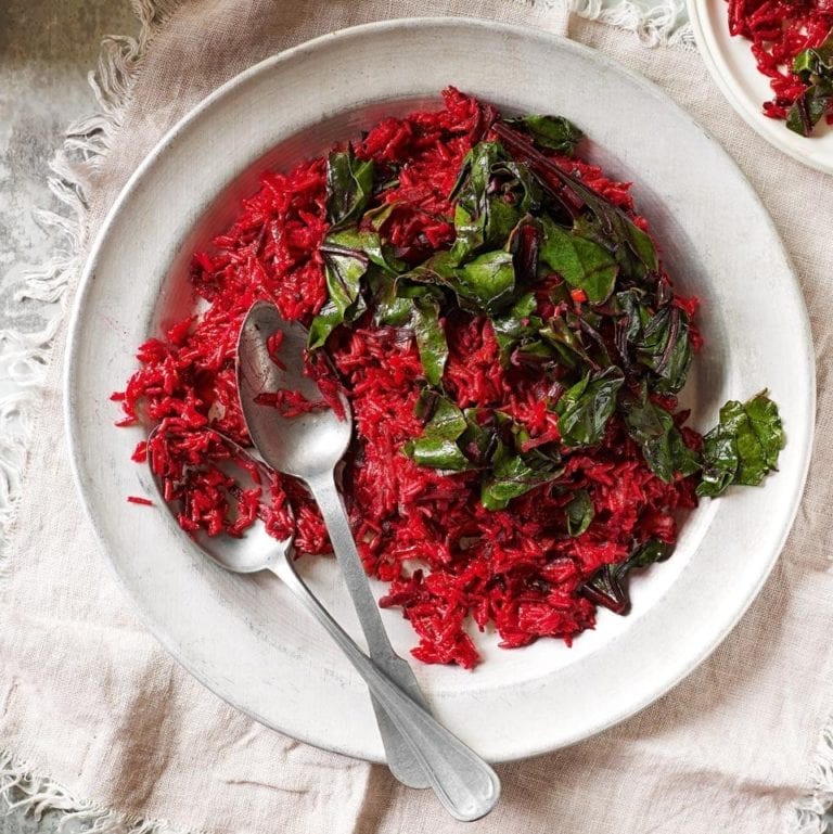 Spiced beetroot rice with lemony beetroot leaves