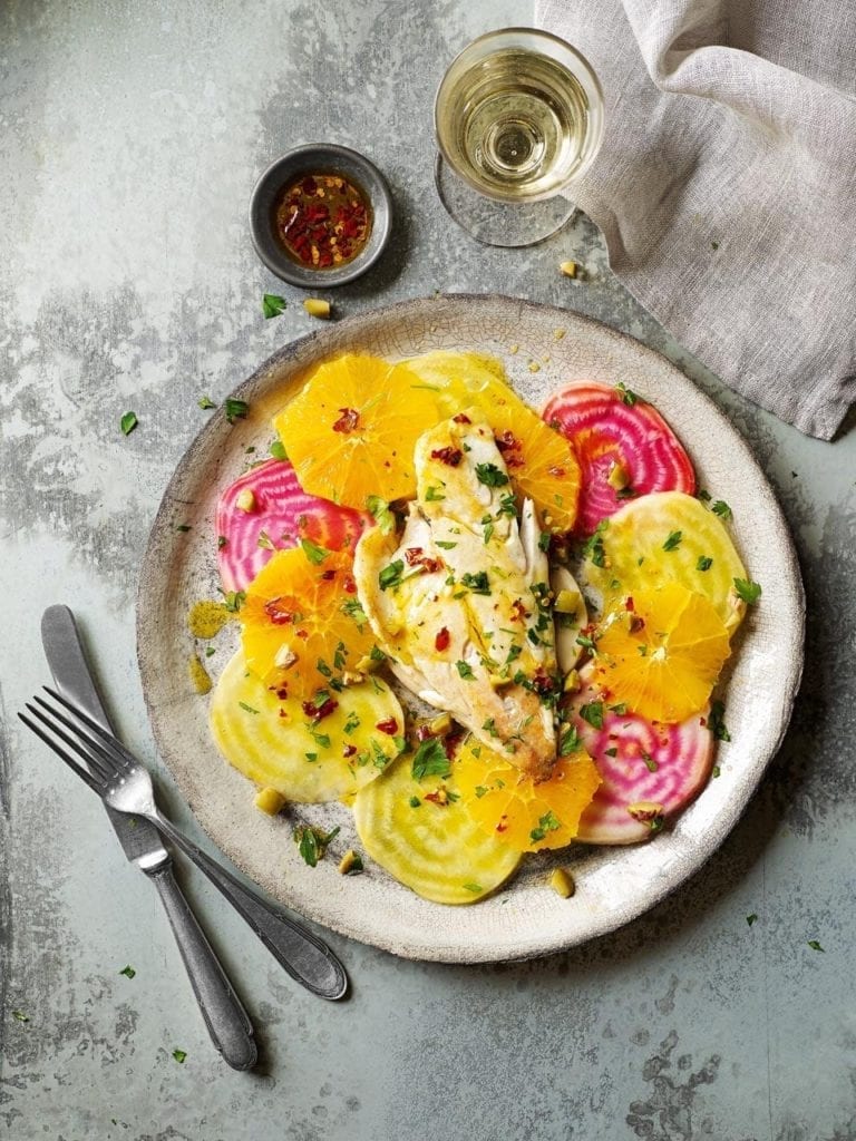 Fish with rainbow beetroot and orange salad