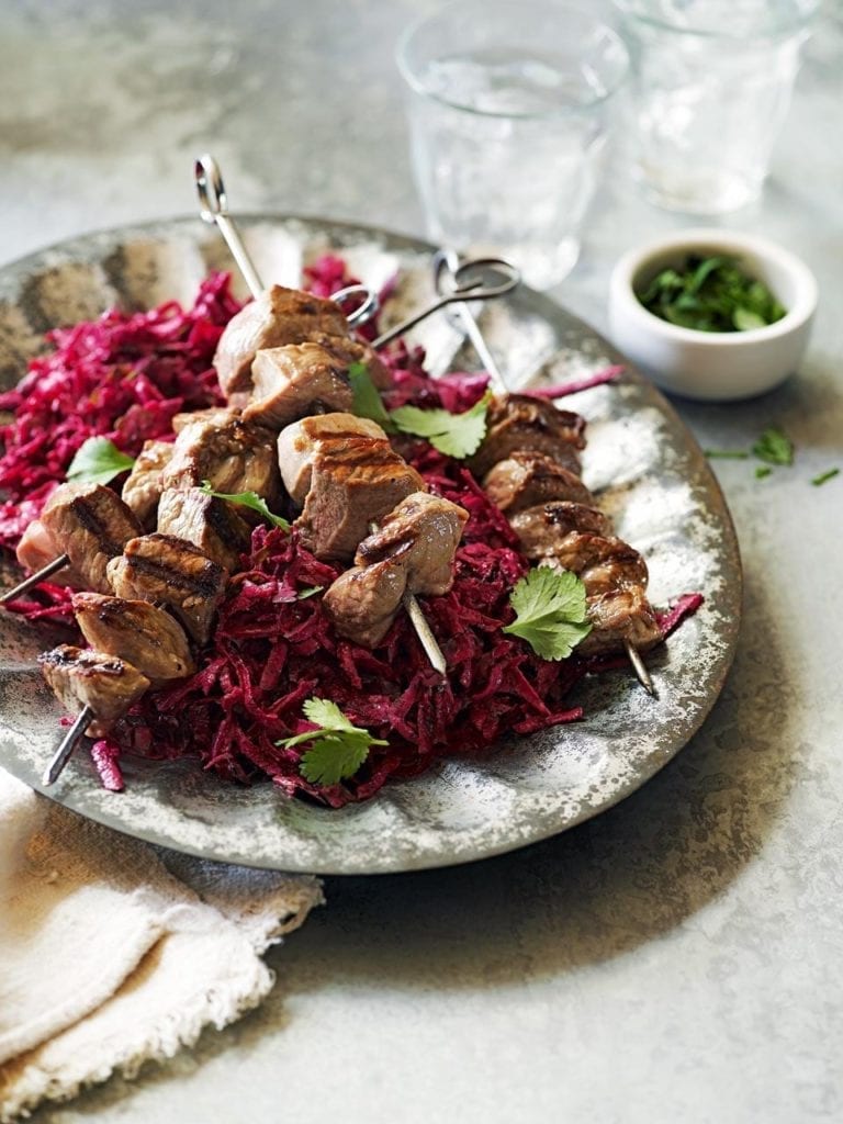 Lamb skewers with spiced beetroot slaw