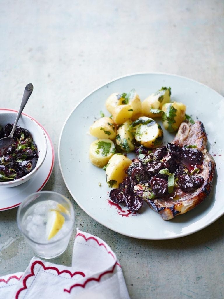 Buttermilk veal chop with cherry sauce and potatoes