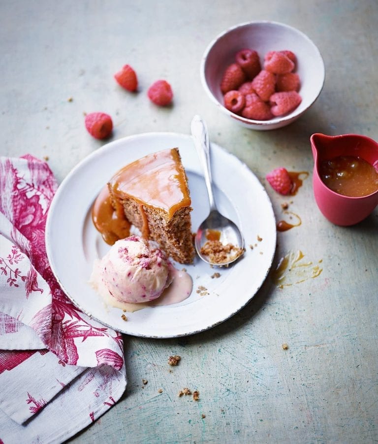 Pecan cake with raspberry ripple ice cream