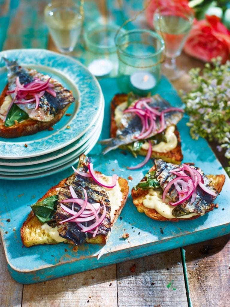 Sardines on toast with sorrel and horseradish alioli