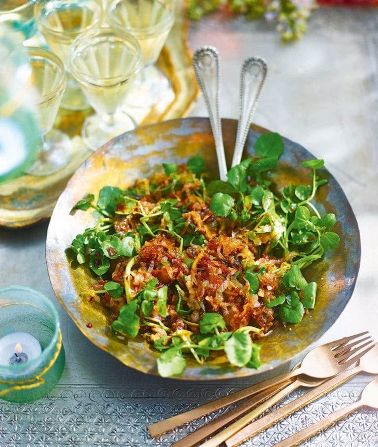 Aubergine salad with shallots and pomegranate molasses