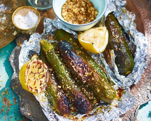 Barbecue courgettes with lemon and dukkah