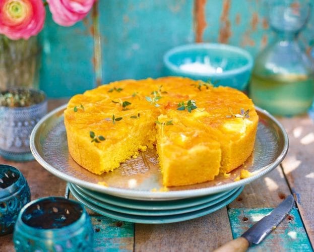 Orange, polenta and olive oil cake with mascarpone and thyme