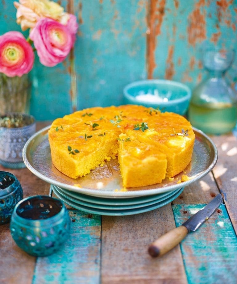 Orange, polenta and olive oil cake with mascarpone and thyme