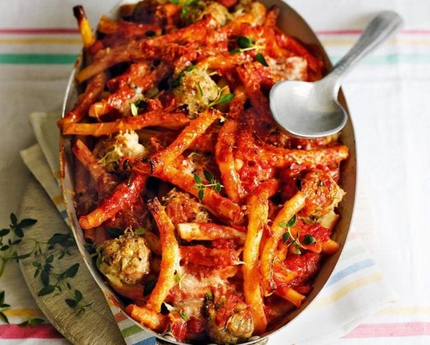 Sausage meatball pasta bake