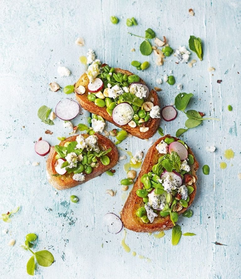 Broad bean and goat’s cheese bruschetta