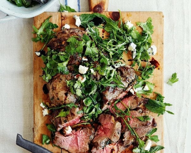 Grilled leg of lamb with goat’s cheese and herb salad